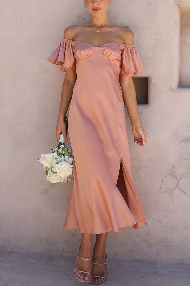 Women's Off Shoulder Midi Dress Butterfly Ruffle Sleeves Pleated Bust Side Slit Floaty Polyester Dress for Wedding Guest Party Brunch - Seldom Seen Styles