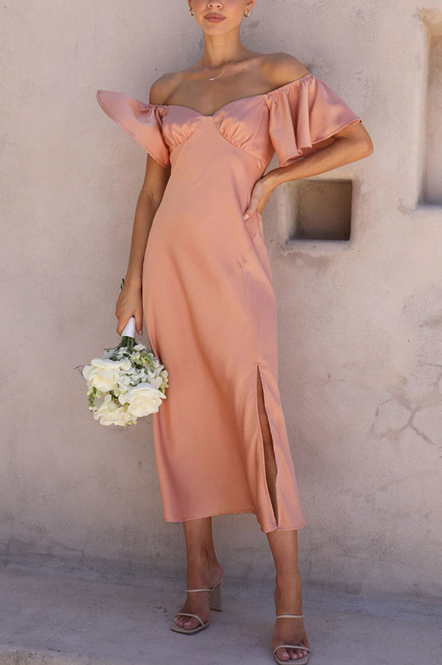Women's Off Shoulder Midi Dress Butterfly Ruffle Sleeves Pleated Bust Side Slit Floaty Polyester Dress for Wedding Guest Party Brunch - Seldom Seen Styles