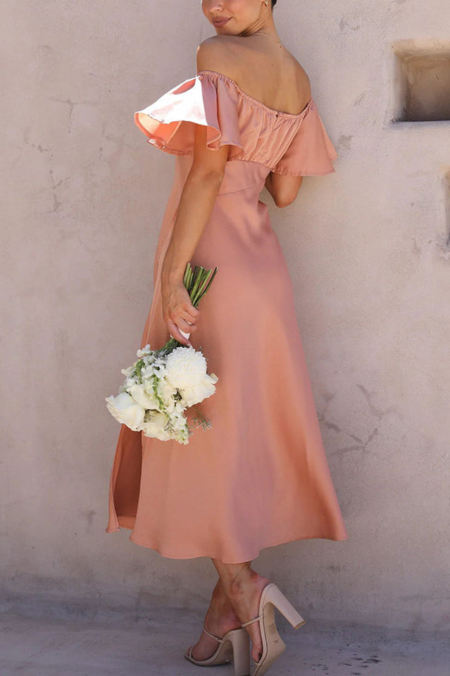 Women's Off Shoulder Midi Dress Butterfly Ruffle Sleeves Pleated Bust Side Slit Floaty Polyester Dress for Wedding Guest Party Brunch - Seldom Seen Styles