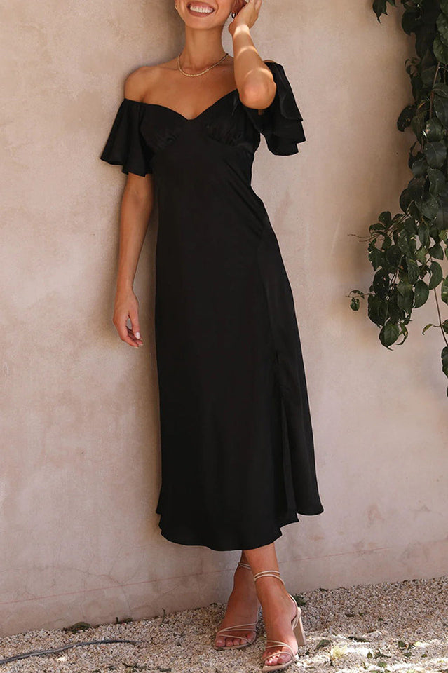 Women's Off Shoulder Midi Dress Butterfly Ruffle Sleeves Pleated Bust Side Slit Floaty Polyester Dress for Wedding Guest Party Brunch - Seldom Seen Styles