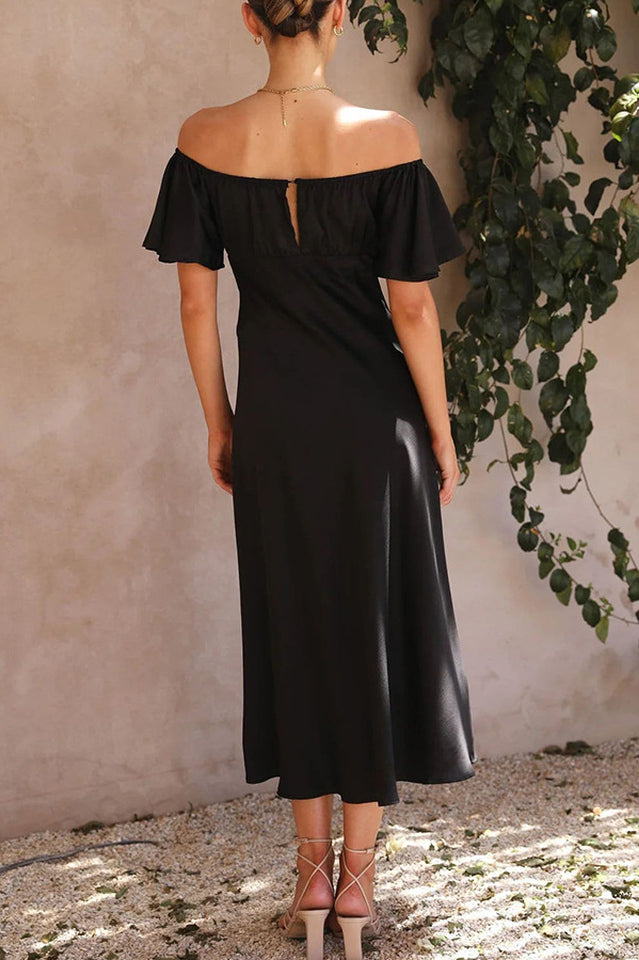 Women's Off Shoulder Midi Dress Butterfly Ruffle Sleeves Pleated Bust Side Slit Floaty Polyester Dress for Wedding Guest Party Brunch - Seldom Seen Styles