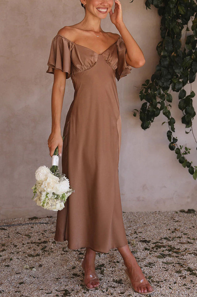 Women's Off Shoulder Midi Dress Butterfly Ruffle Sleeves Pleated Bust Side Slit Floaty Polyester Dress for Wedding Guest Party Brunch - Seldom Seen Styles