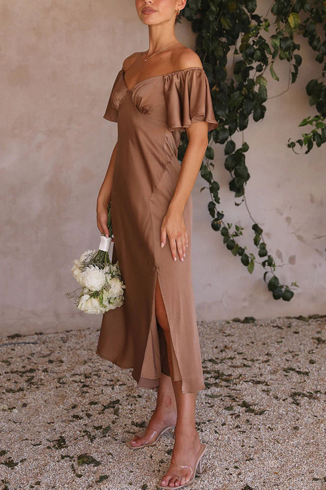 Women's Off Shoulder Midi Dress Butterfly Ruffle Sleeves Pleated Bust Side Slit Floaty Polyester Dress for Wedding Guest Party Brunch - Seldom Seen Styles