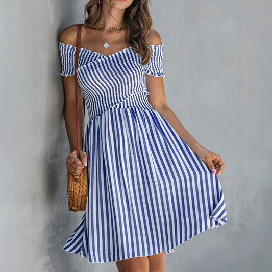 Women's Off Shoulder Striped Maxi Dress Slim Fit Summer Vacation Dress - Seldom Seen Styles