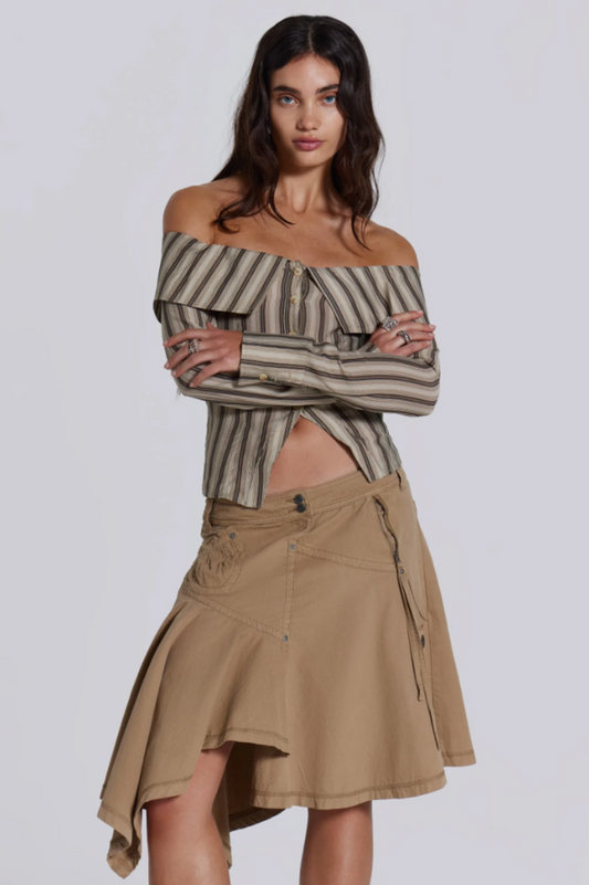 Women's Off Shoulder Striped Top Long Sleeve Y2K Asymmetrical Going Out Shirt Blouse - Seldom Seen Styles