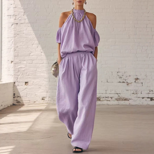 Women's Off Shoulder Top High Waist Wide Leg Pants Casual Two Piece Set Summer Vacation Outfit - Seldom Seen Styles