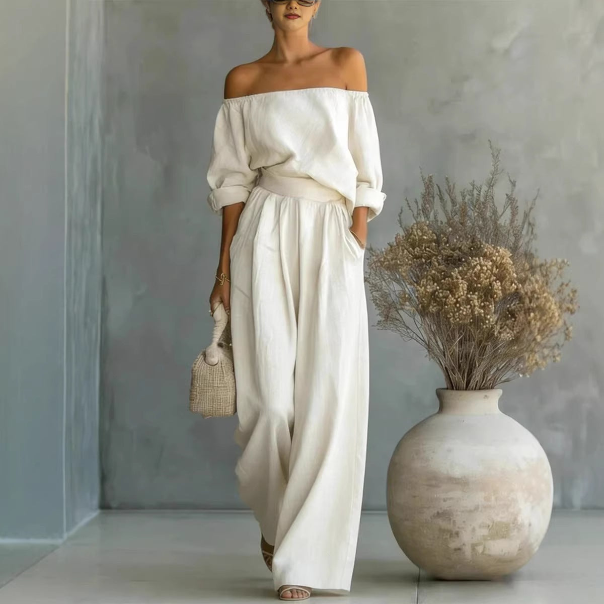 Women's Off Shoulder Two Piece Set Long Sleeve Blouse and Wide Leg Pants Elegant Resort Vacation Matching Outfit - Seldom Seen Styles