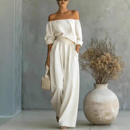 Women's Off Shoulder Two Piece Set Long Sleeve Blouse and Wide Leg Pants Elegant Resort Vacation Matching Outfit
