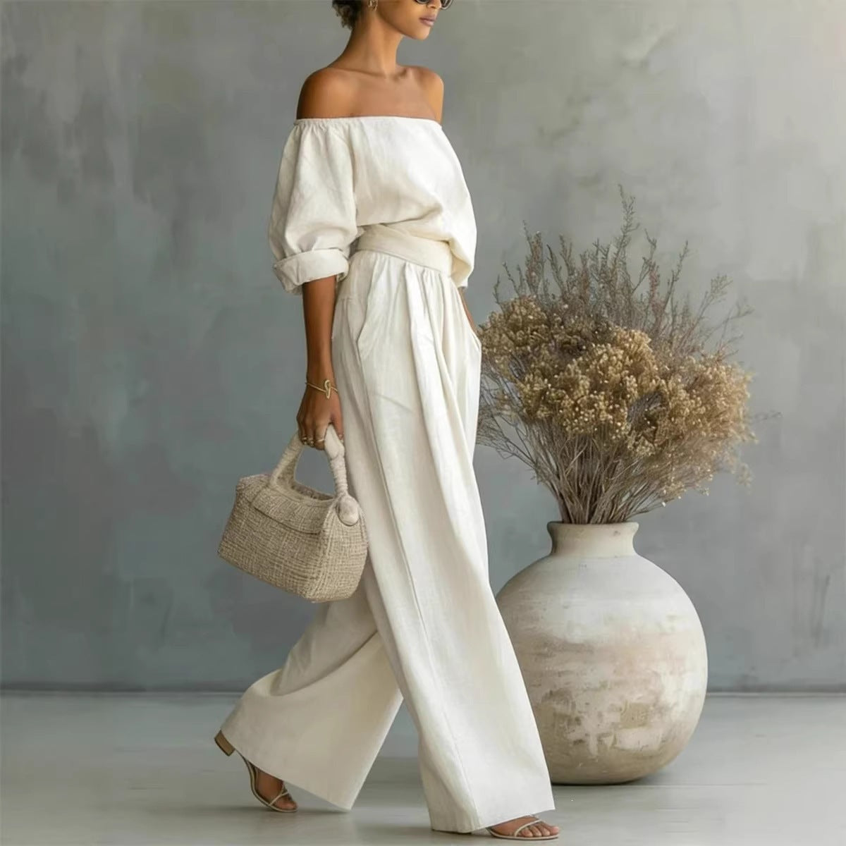 Women's Off Shoulder Two Piece Set Long Sleeve Blouse and Wide Leg Pants Elegant Resort Vacation Matching Outfit - Seldom Seen Styles