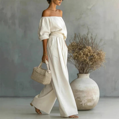 Women's Off Shoulder Two Piece Set Long Sleeve Blouse and Wide Leg Pants Elegant Resort Vacation Matching Outfit