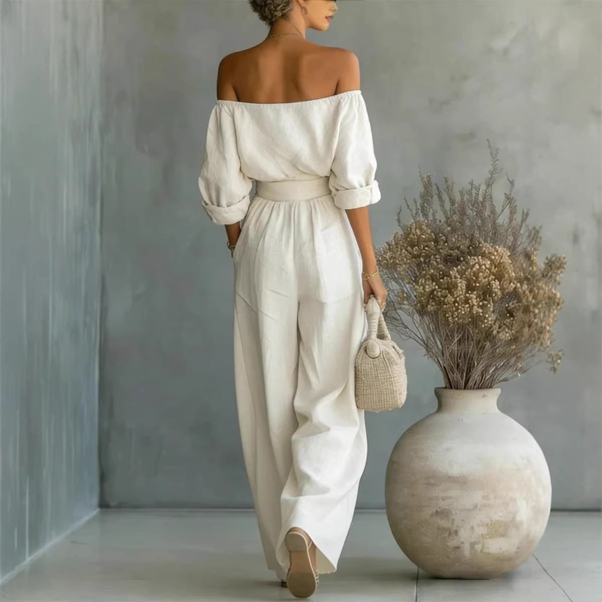 Women's Off Shoulder Two Piece Set Long Sleeve Blouse and Wide Leg Pants Elegant Resort Vacation Matching Outfit - Seldom Seen Styles
