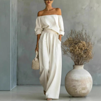 Women's Off Shoulder Two Piece Set Long Sleeve Blouse and Wide Leg Pants Elegant Resort Vacation Matching Outfit