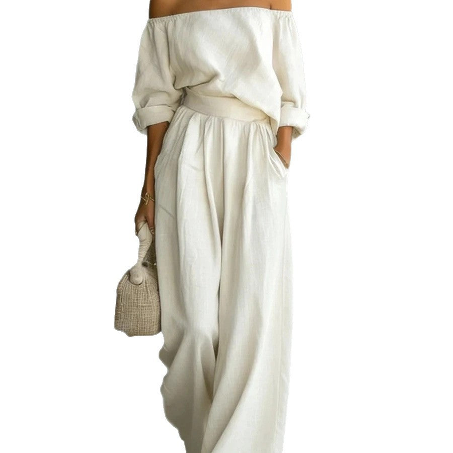 Women's Off Shoulder Two Piece Set Long Sleeve Blouse and Wide Leg Pants Elegant Resort Vacation Matching Outfit - Seldom Seen Styles