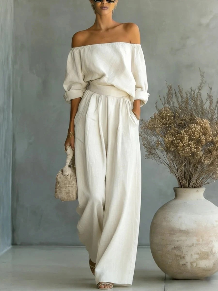Women's Off Shoulder Two Piece Set Long Sleeve Blouse and Wide Leg Pants Elegant Resort Vacation Matching Outfit - Seldom Seen Styles