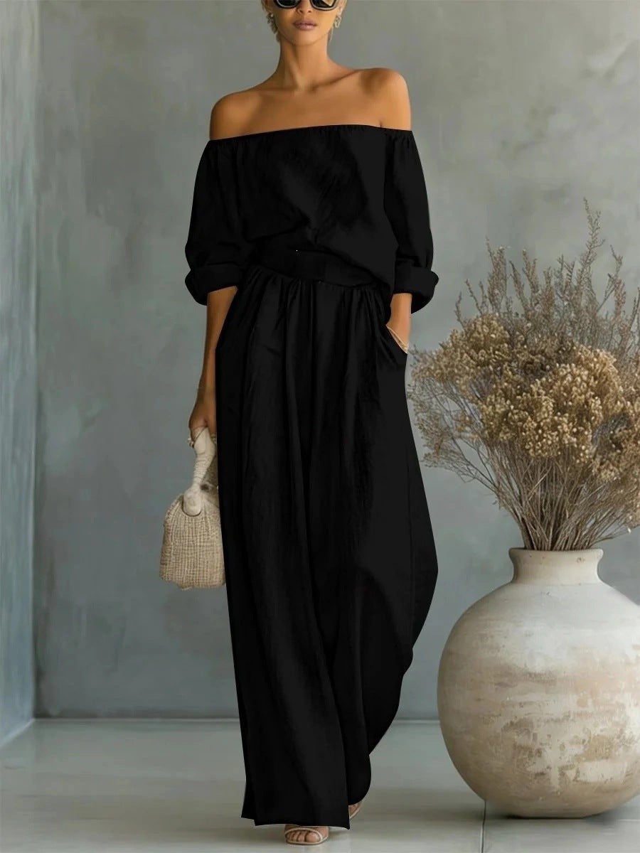 Women's Off Shoulder Two Piece Set Long Sleeve Blouse and Wide Leg Pants Elegant Resort Vacation Matching Outfit - Seldom Seen Styles