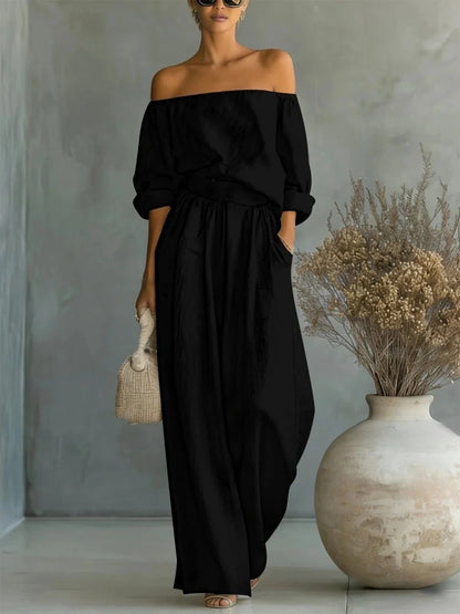 Women's Off Shoulder Two Piece Set Long Sleeve Blouse and Wide Leg Pants Elegant Resort Vacation Matching Outfit