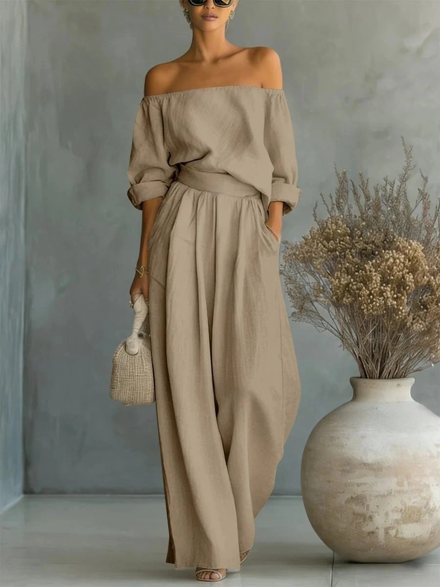 Women's Off Shoulder Two Piece Set Long Sleeve Blouse and Wide Leg Pants Elegant Resort Vacation Matching Outfit - Seldom Seen Styles