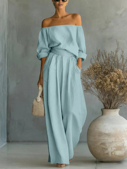 Women's Off Shoulder Two Piece Set Long Sleeve Blouse and Wide Leg Pants Elegant Resort Vacation Matching Outfit