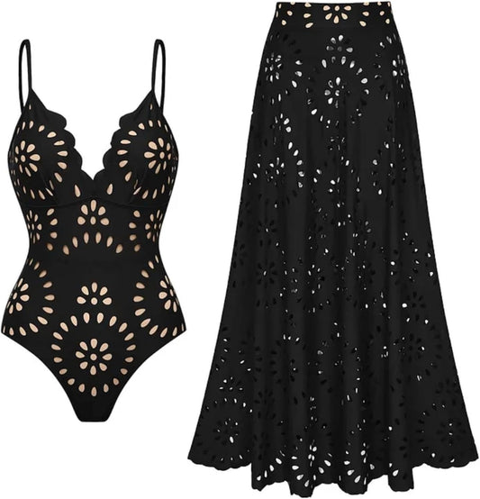Women's One Piece Bathing Suit Petal Hollow V Neck Swimsuit and Skirt - Seldom Seen Styles