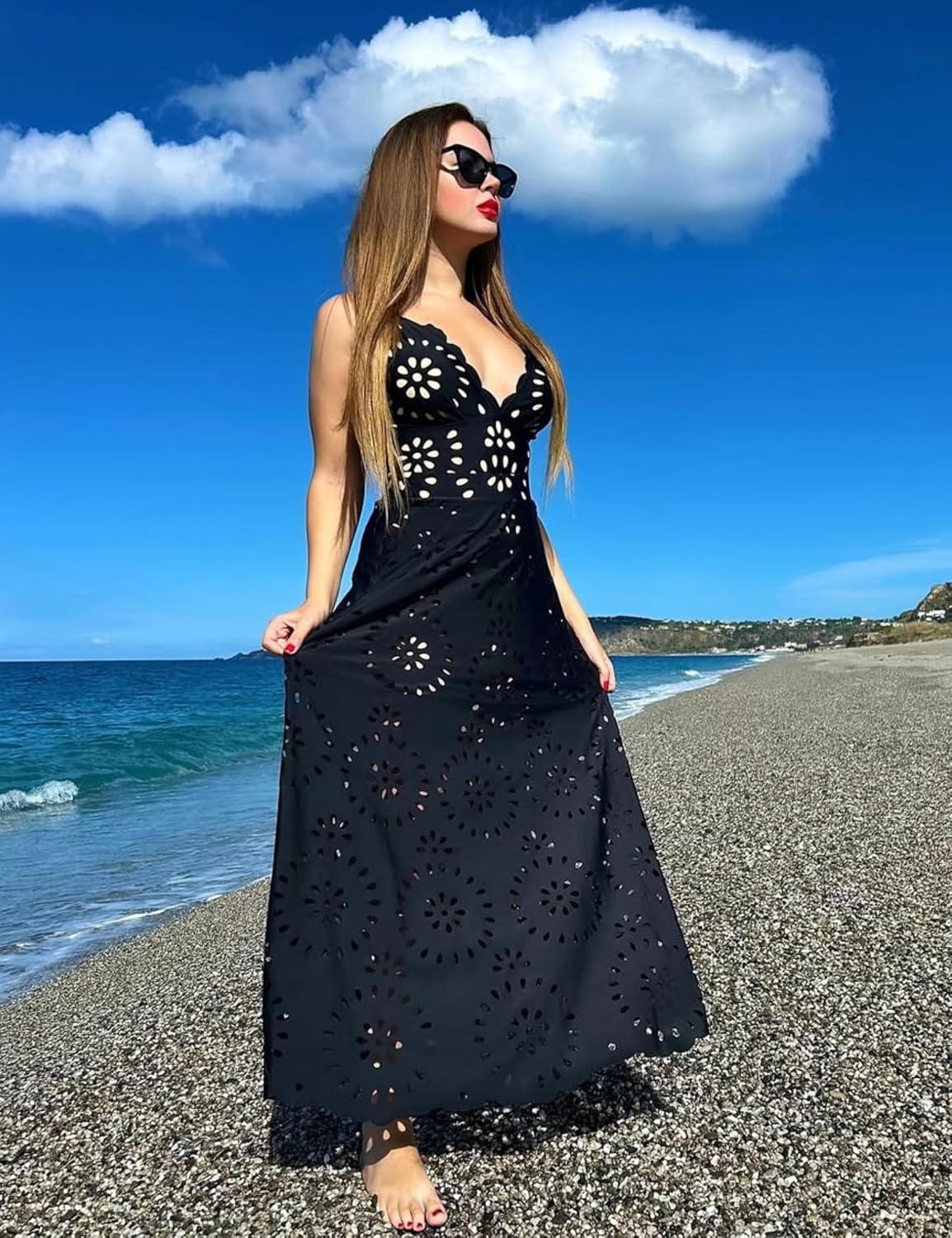 Women's One Piece Bathing Suit Petal Hollow V Neck Swimsuit and Skirt - Seldom Seen Styles