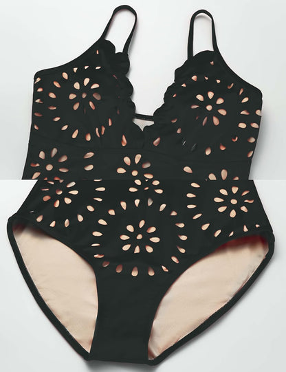 Einteiliger Badeanzug für Damen, Blütenblatt-Höhle, V-Ausschnitt, Badeanzug und Rock 