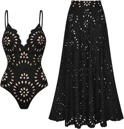 Einteiliger Badeanzug für Damen, Blütenblatt-Höhle, V-Ausschnitt, Badeanzug und Rock 
