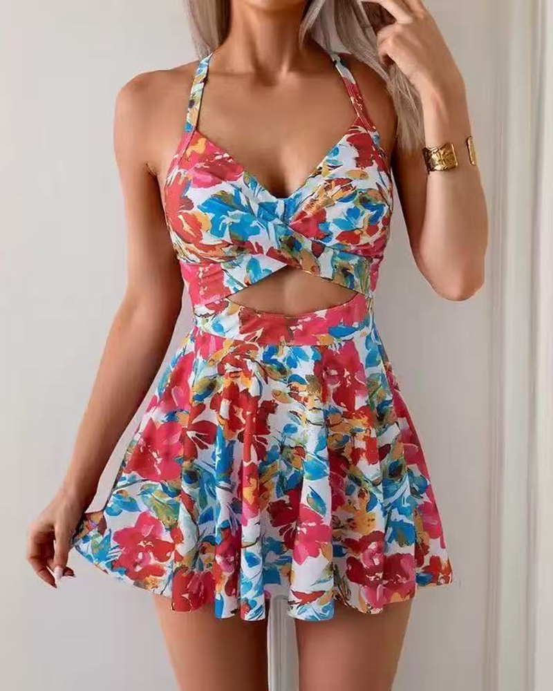 Women's One Piece Swimsuit Tummy Control V Neck Backless Skirted Swim Dress - Seldom Seen Styles