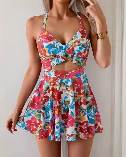 Women's One Piece Swimsuit Tummy Control V Neck Backless Skirted Swim Dress