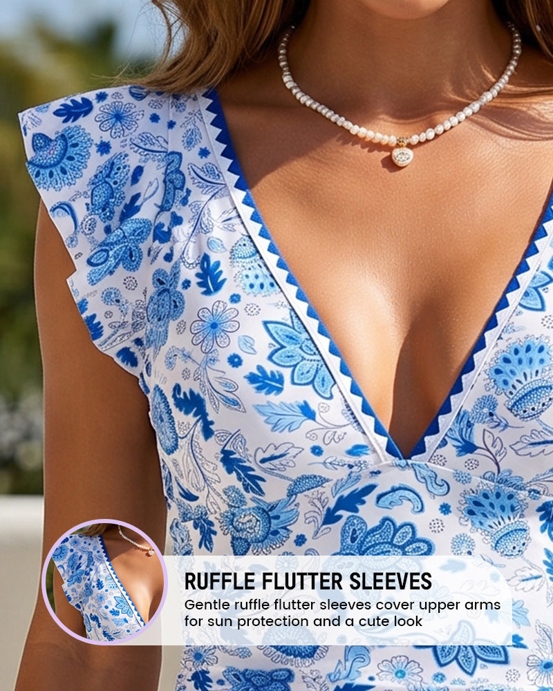 Women's One Piece Swimsuit Tummy Control V Neck Ruffle Shoulder Floral Slimming Swimwear - Seldom Seen Styles
