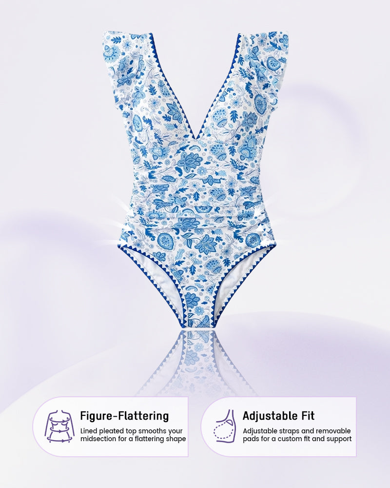 Women's One Piece Swimsuit Tummy Control V Neck Ruffle Shoulder Floral Slimming Swimwear - Seldom Seen Styles