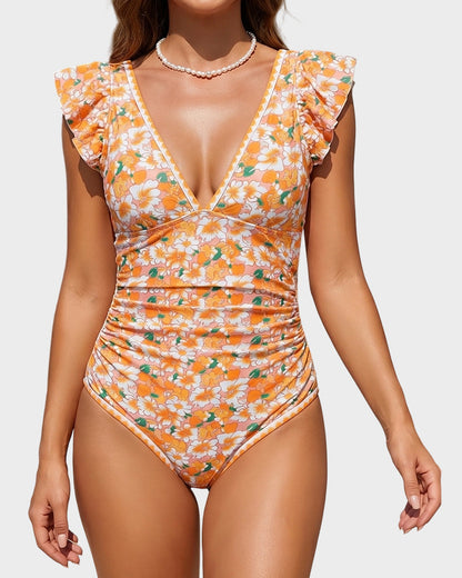 Women's One Piece Swimsuit Tummy Control V Neck Ruffle Shoulder Floral Slimming Swimwear
