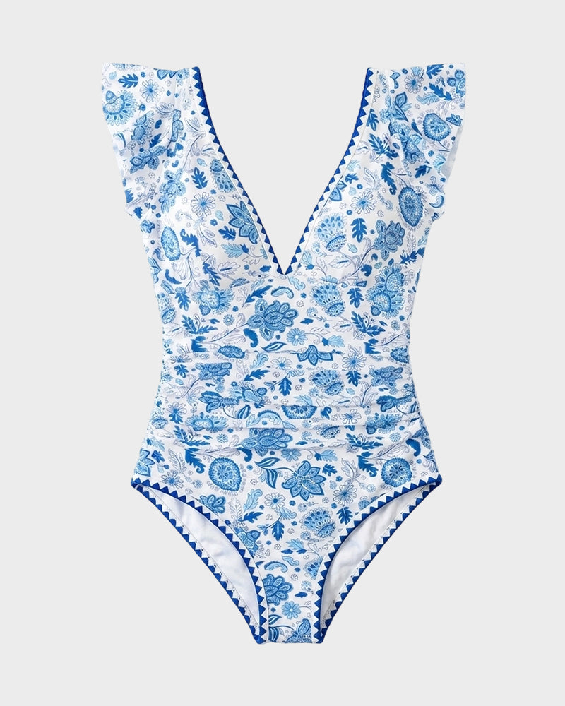 Women's One Piece Swimsuit Tummy Control V Neck Ruffle Shoulder Floral Slimming Swimwear - Seldom Seen Styles