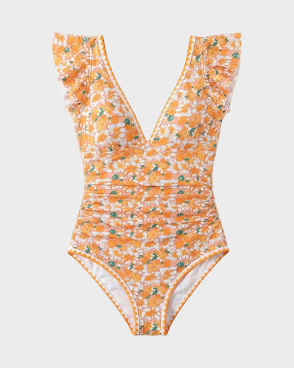 Women's One Piece Swimsuit Tummy Control V Neck Ruffle Shoulder Floral Slimming Swimwear
