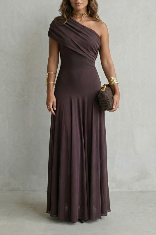 Women's One Shoulder Mesh Overlay Fitted Bodice Flowing Maxi Dress Elegant Evening Wedding Guest Formal Occasion Dress - Seldom Seen Styles