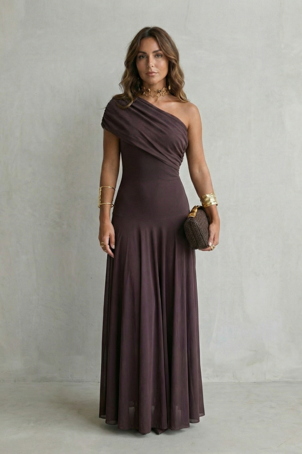 Women's One Shoulder Mesh Overlay Fitted Bodice Flowing Maxi Dress Elegant Evening Wedding Guest Formal Occasion Dress - Seldom Seen Styles