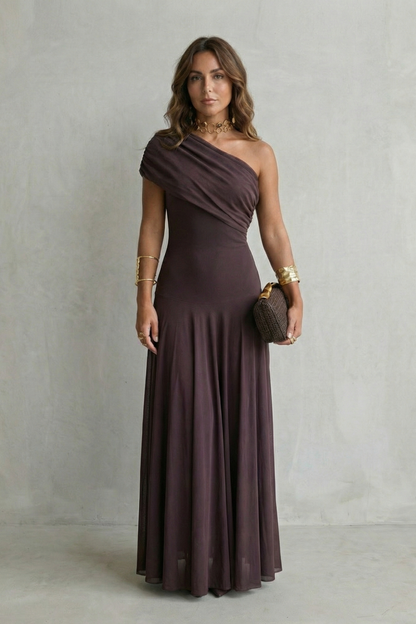 Women's One Shoulder Mesh Overlay Fitted Bodice Flowing Maxi Dress Elegant Evening Wedding Guest Formal Occasion Dress
