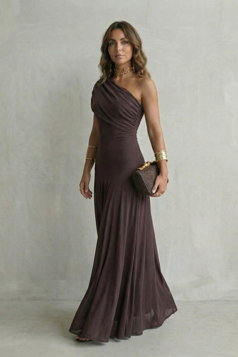Women's One Shoulder Mesh Overlay Fitted Bodice Flowing Maxi Dress Elegant Evening Wedding Guest Formal Occasion Dress - Seldom Seen Styles