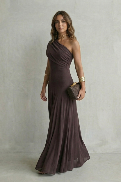 Women's One Shoulder Mesh Overlay Fitted Bodice Flowing Maxi Dress Elegant Evening Wedding Guest Formal Occasion Dress