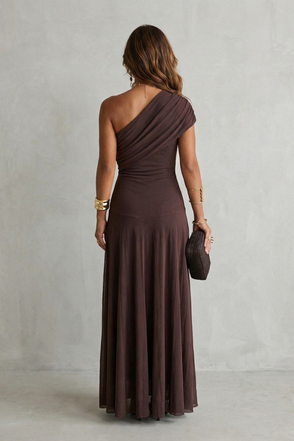 Women's One Shoulder Mesh Overlay Fitted Bodice Flowing Maxi Dress Elegant Evening Wedding Guest Formal Occasion Dress - Seldom Seen Styles