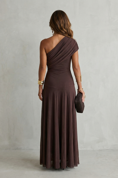 Women's One Shoulder Mesh Overlay Fitted Bodice Flowing Maxi Dress Elegant Evening Wedding Guest Formal Occasion Dress