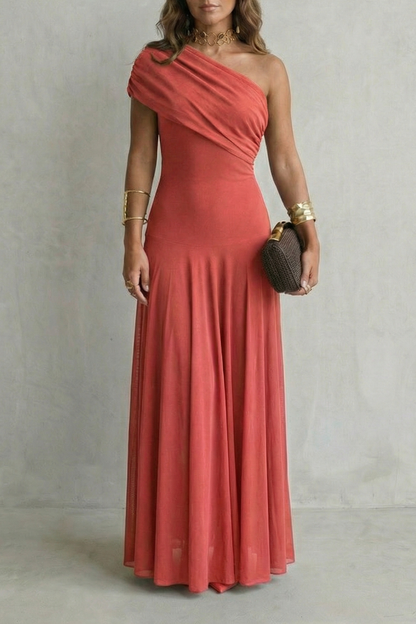 Women's One Shoulder Mesh Overlay Fitted Bodice Flowing Maxi Dress Elegant Evening Wedding Guest Formal Occasion Dress
