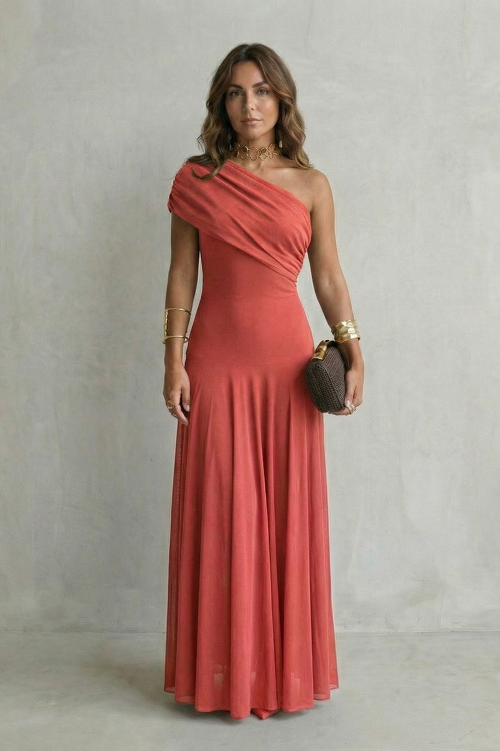 Women's One Shoulder Mesh Overlay Fitted Bodice Flowing Maxi Dress Elegant Evening Wedding Guest Formal Occasion Dress - Seldom Seen Styles