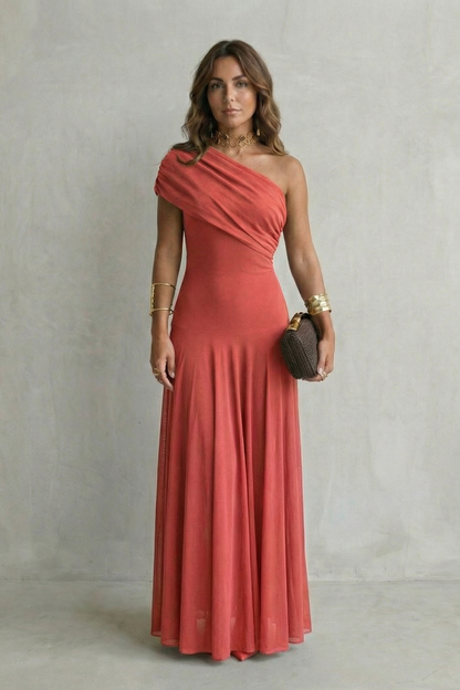 Women's One Shoulder Mesh Overlay Fitted Bodice Flowing Maxi Dress Elegant Evening Wedding Guest Formal Occasion Dress