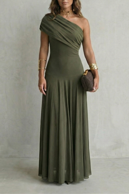 Women's One Shoulder Mesh Overlay Fitted Bodice Flowing Maxi Dress Elegant Evening Wedding Guest Formal Occasion Dress