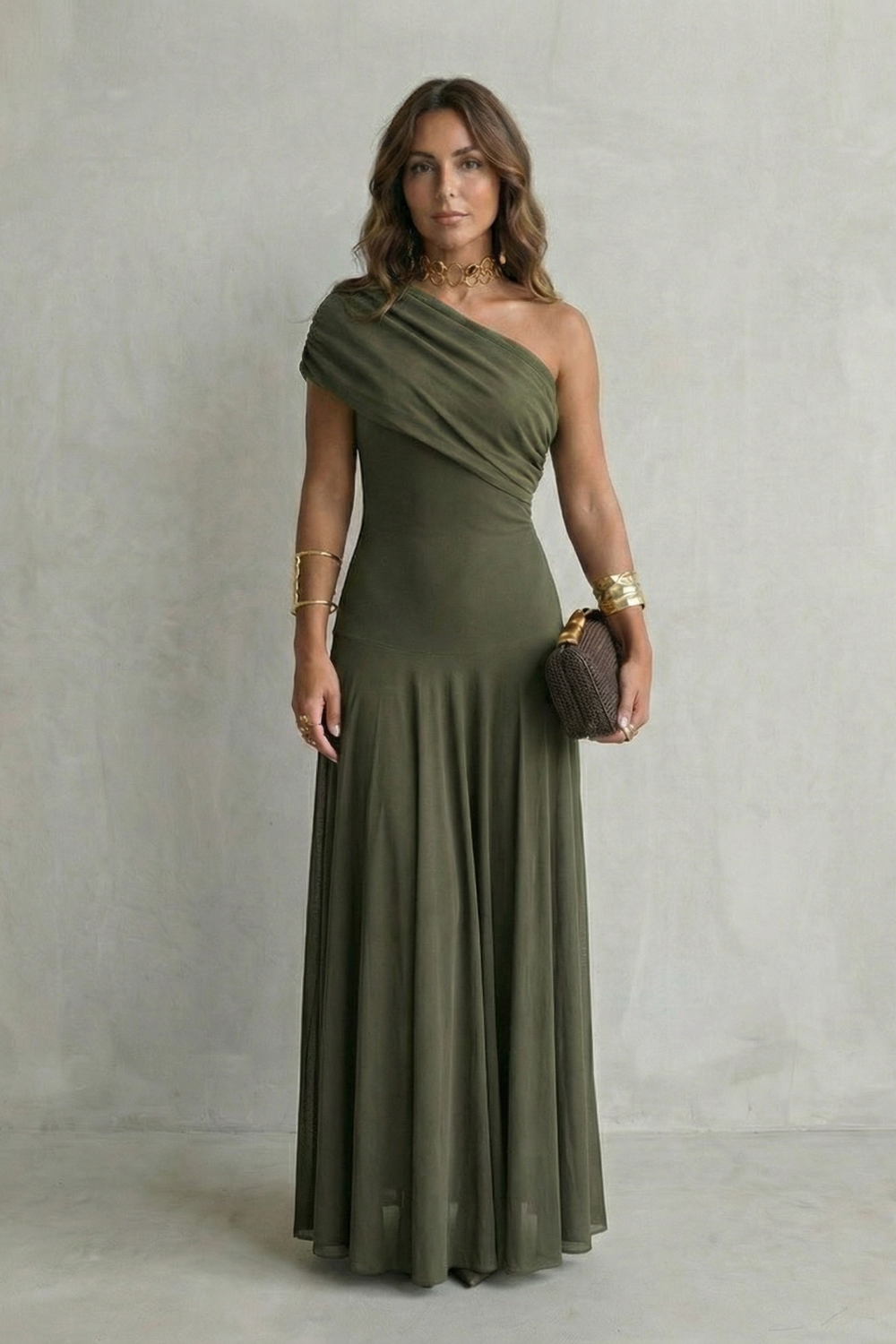 Women's One Shoulder Mesh Overlay Fitted Bodice Flowing Maxi Dress Elegant Evening Wedding Guest Formal Occasion Dress - Seldom Seen Styles