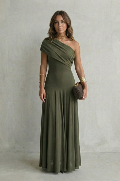 Women's One Shoulder Mesh Overlay Fitted Bodice Flowing Maxi Dress Elegant Evening Wedding Guest Formal Occasion Dress
