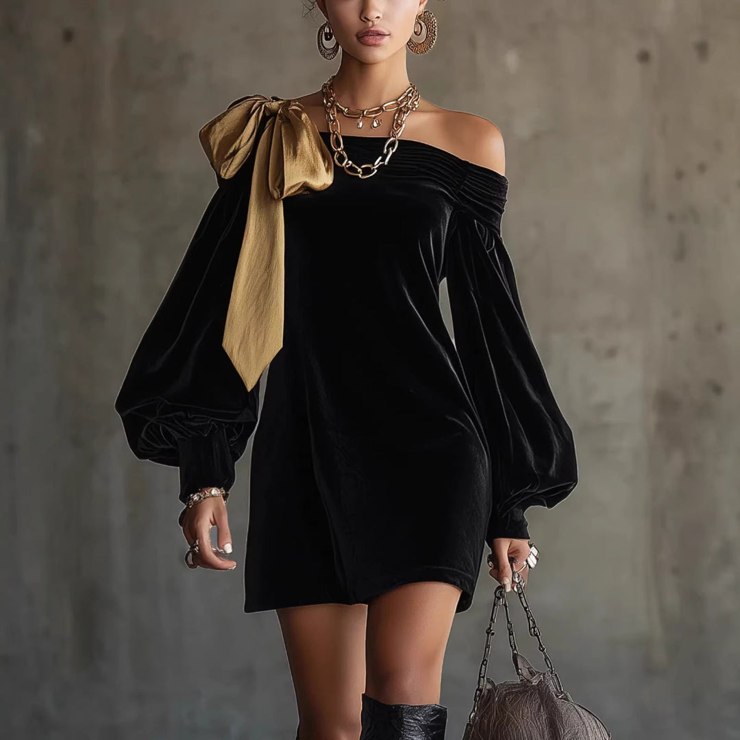 Women's One Shoulder Mini Dress Bow Detail Long Sleeve Evening Party Wedding Guest Cocktail Dress - Seldom Seen Styles