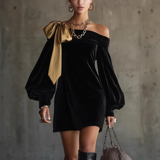 Women's One Shoulder Mini Dress Bow Detail Long Sleeve Evening Party Wedding Guest Cocktail Dress - Seldom Seen Styles