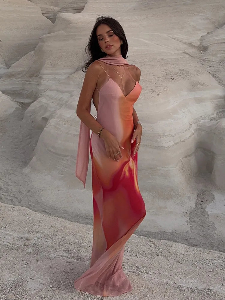 Women's Open-Back Ombre Satin Maxi Dress | Spaghetti Strap Formal - Seldom Seen Styles