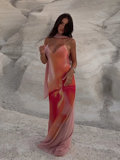 Women's Open-Back Ombre Satin Maxi Dress | Spaghetti Strap Formal
